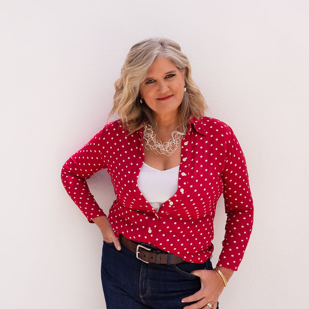 Dolores in a red polka-dot shirt